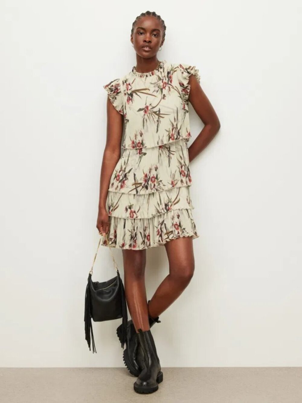 ALLSAINTS Antheia Dorada Floral Micro Pleated Tiered Frill Mini Dress, Size 10
